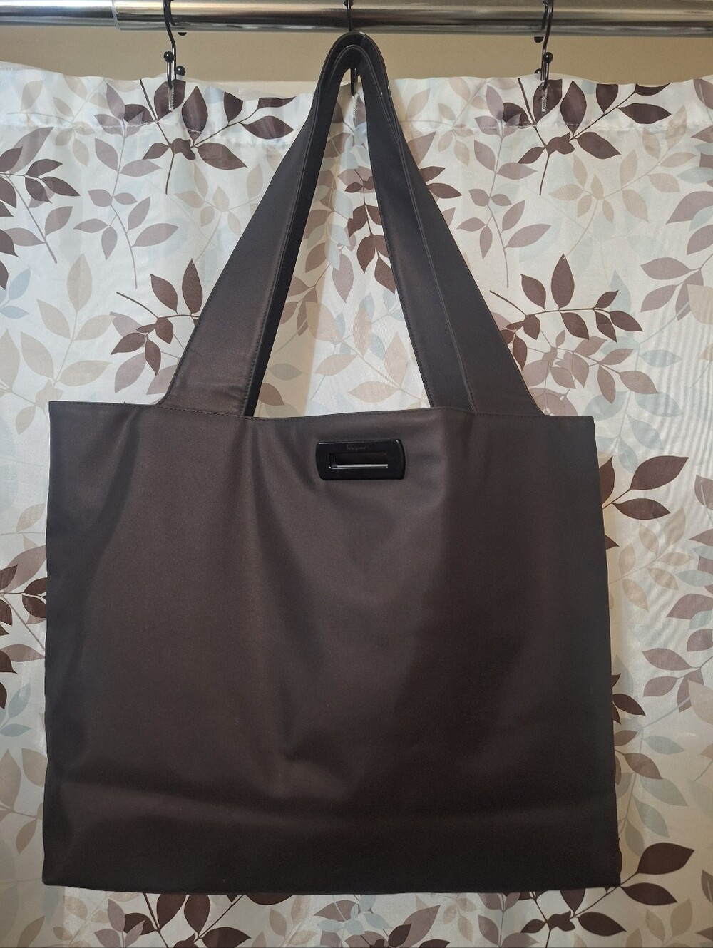 FLAWED Salvatore Ferragamo Gancini Nylon Tote Bag Dark Brown